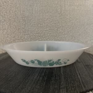 Vintage Glasbake J-2352 9 Divided Serving Casserole Dish w/ Teal Fruit ~ U.S.A.